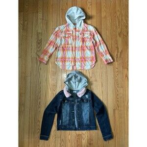 Girls flannel jacket denim sherpa plaid fall winter holiday layering hooded